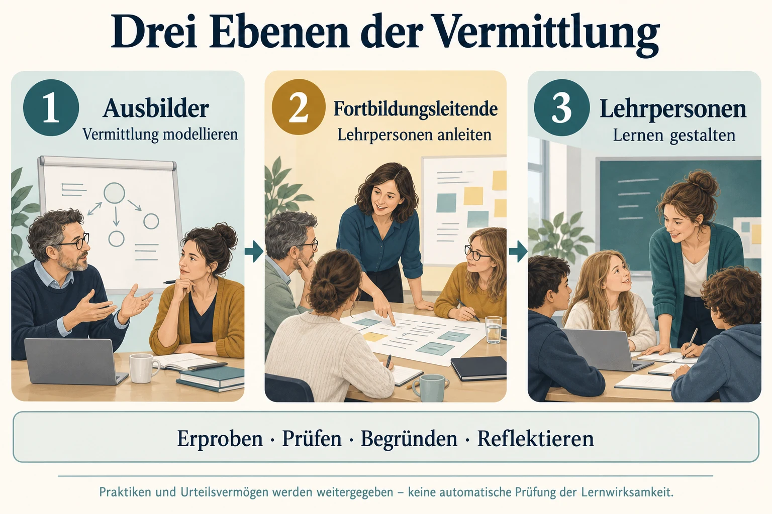 Drei Ebenen der Vermittlung: Ausbilder modellieren die Vermittlung, Fortbildungsleitende leiten Lehrpersonen an, Lehrpersonen gestalten Lernen.