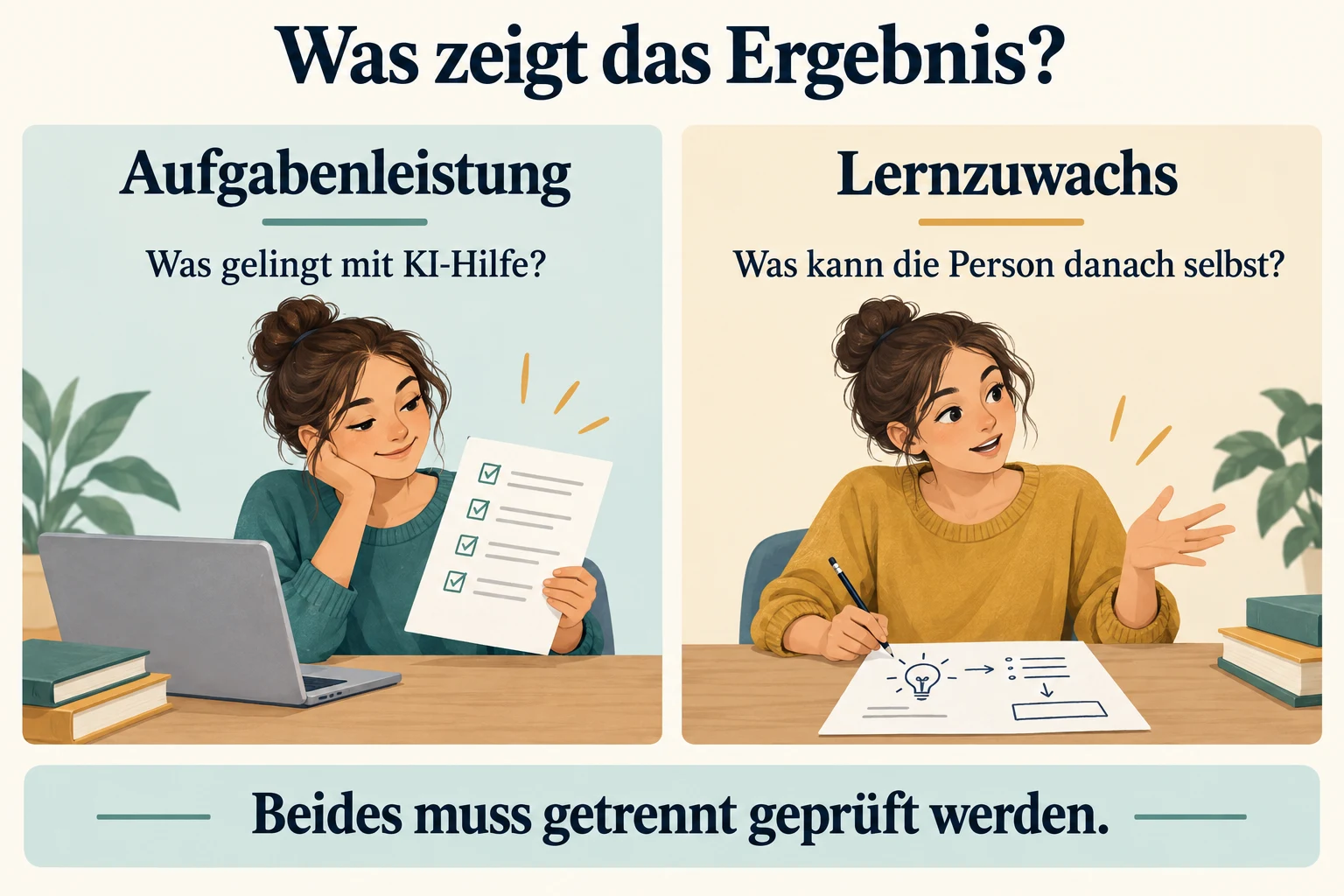 Aufgabenleistung fragt, was mit KI-Hilfe gelingt. Lernzuwachs fragt, was die Person danach selbst kann. Beides muss getrennt geprüft werden.